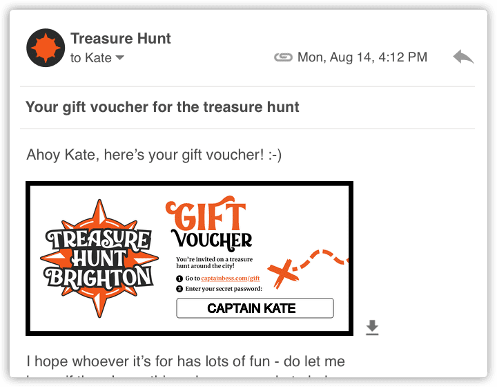 A screenshot of an email containing a digital gift voucher for Treasure Hunt Brighton.
