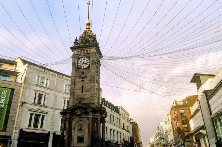 The commemorative Jubilee Clock Tower strung with lights